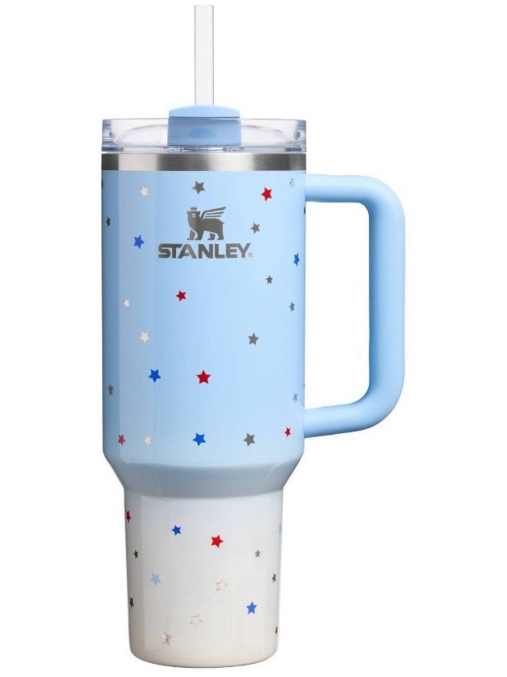 Stanley Light Blue and White Star-Pattern Travel Mug with Handle